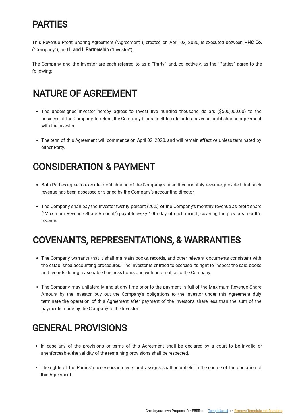 Revenue Profit Sharing Agreement Template in Google Docs Word