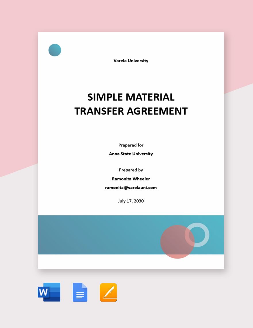 Simple Material Transfer Agreement Template in Word, Google Docs, Apple Pages