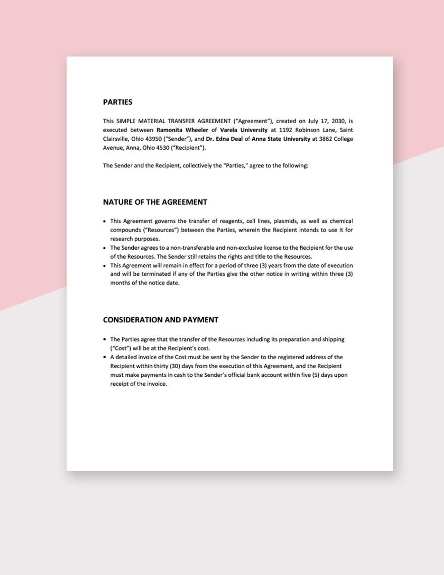 Simple Material Transfer Agreement Template