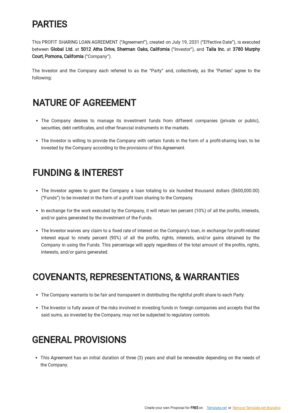 Profit Sharing Loan Agreement Template - Google Docs, Word | Template.net