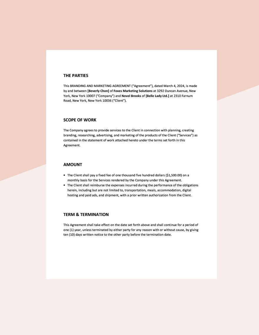 Branding And Marketing Agreement Template