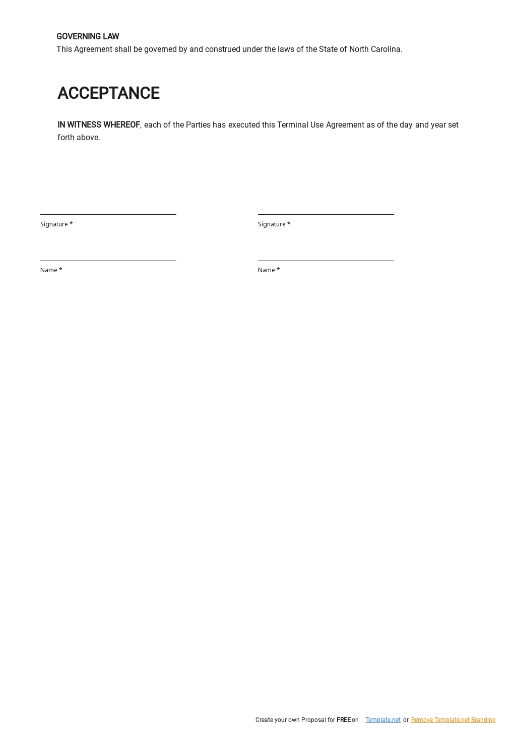Free terminal use agreement template in google docs word template