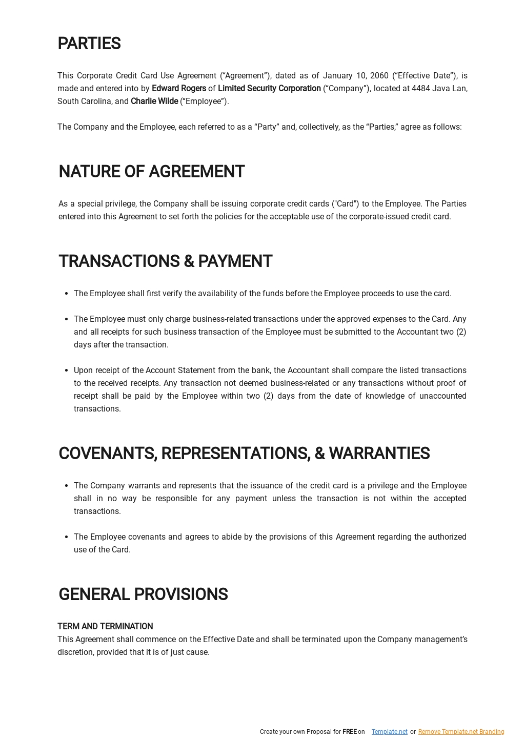 Corporate Credit Card Use Agreement Template - Google Docs, Word