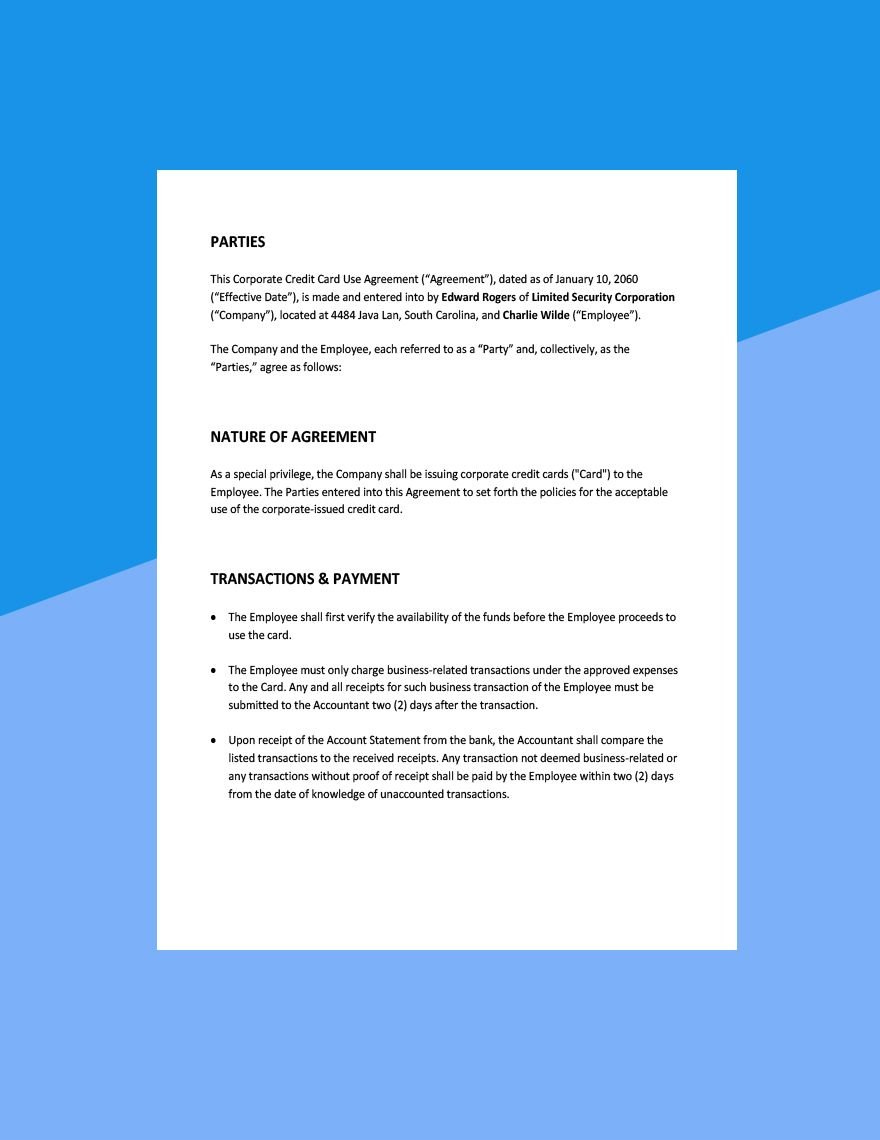 Corporate Credit Card Use Agreement Template 