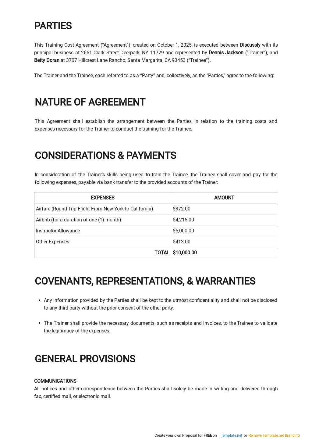 Training Cost Agreement Template - Google Docs, Word | Template.net