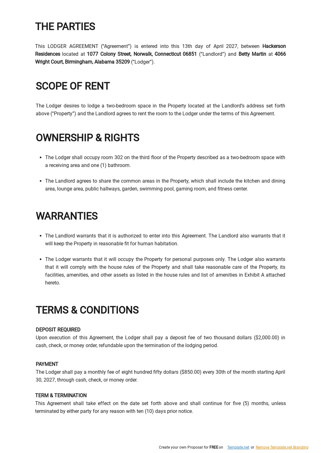 FREE Basic Lodger Agreement Template