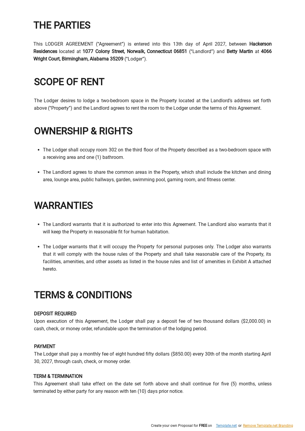 Lodger Agreement Template