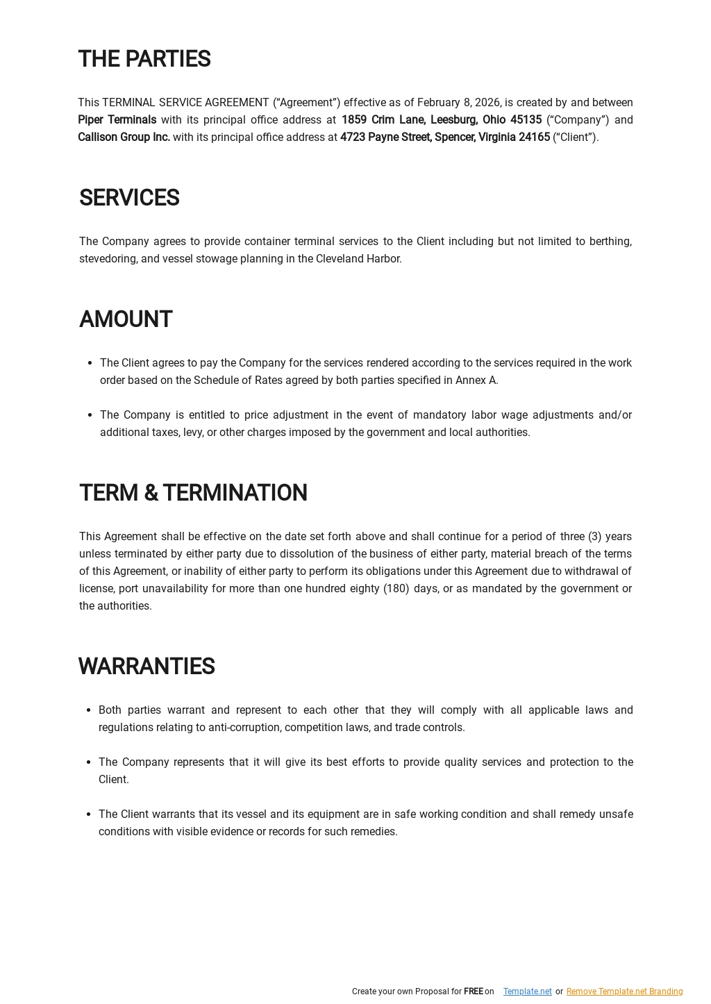 Terminal Service Agreement Template [free Pdf] 