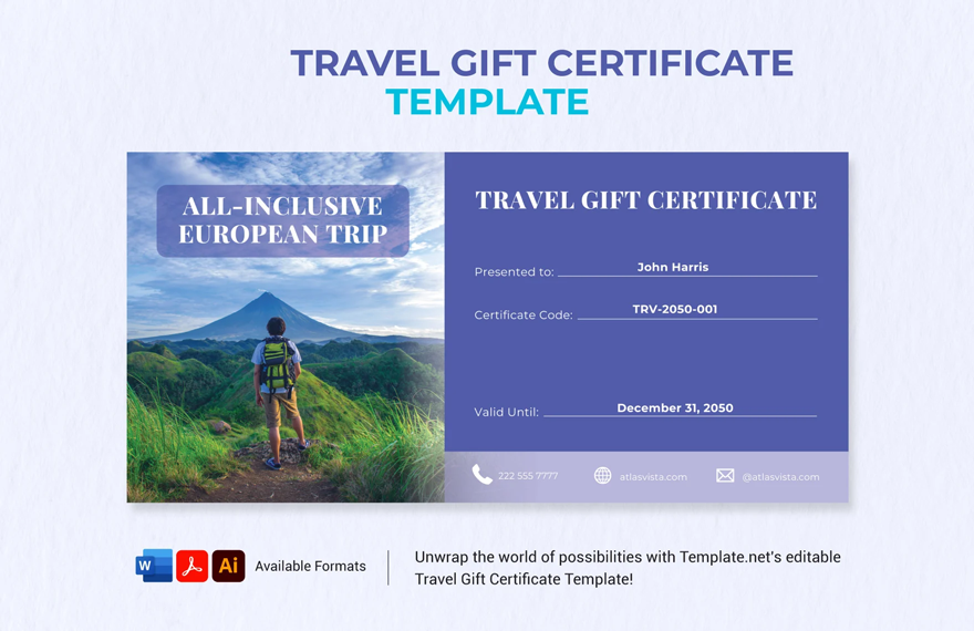 Travel Gift Certificate Template in Word, Google Docs, PDF, Illustrator, PSD, Apple Pages, Publisher, InDesign