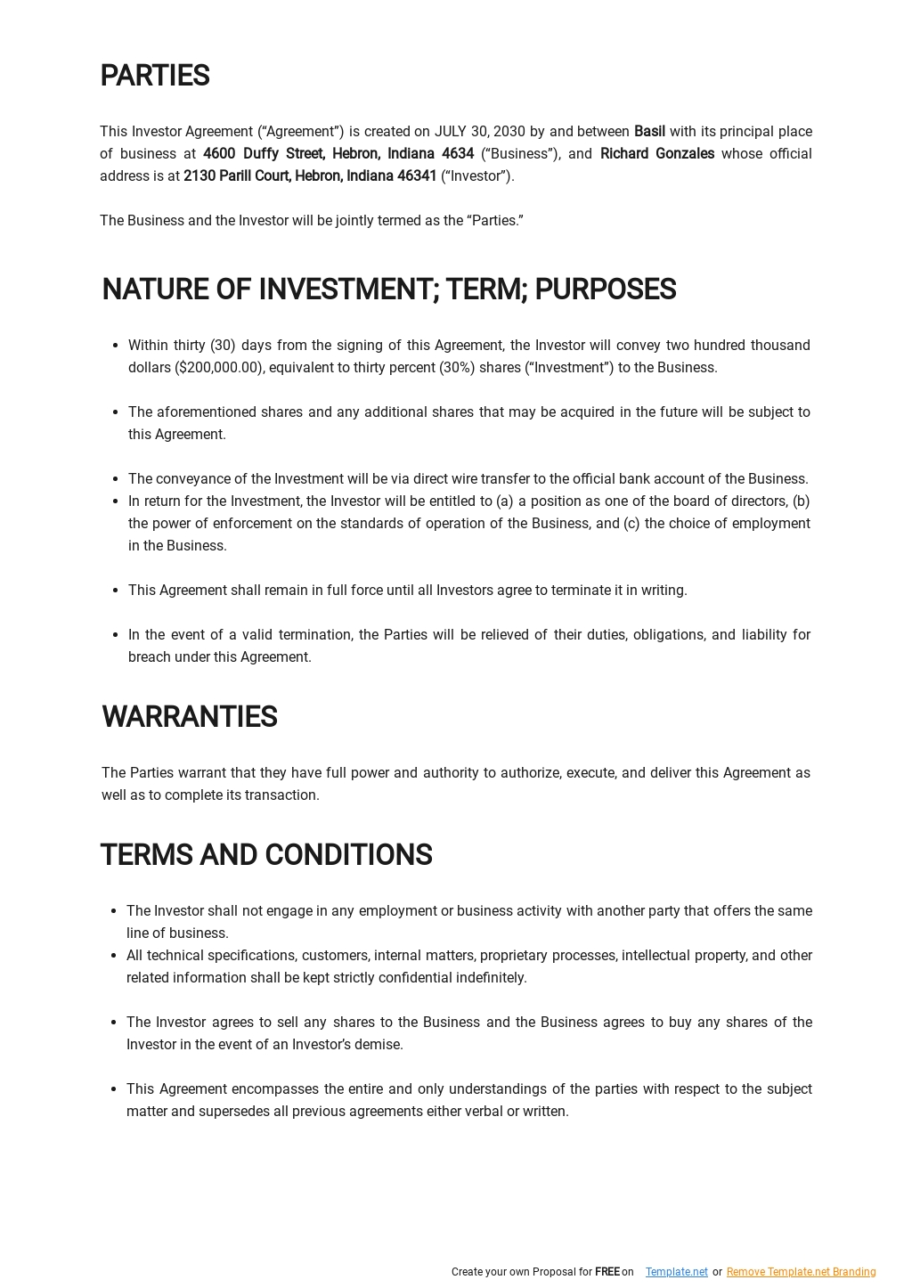 Investor Agreement Template in Template net