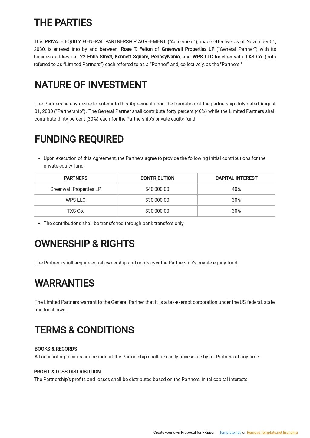 Private Equity General Partnership Agreement Template - Google Docs ...