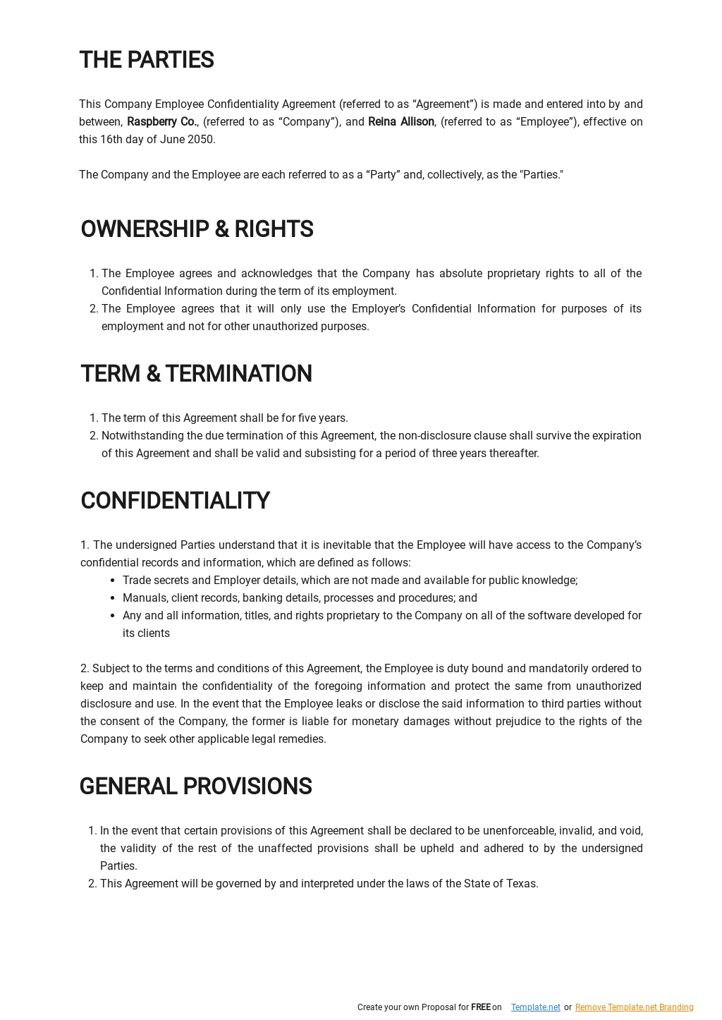 Company Employee Confidentiality Agreement Template - Google Docs, Word ...