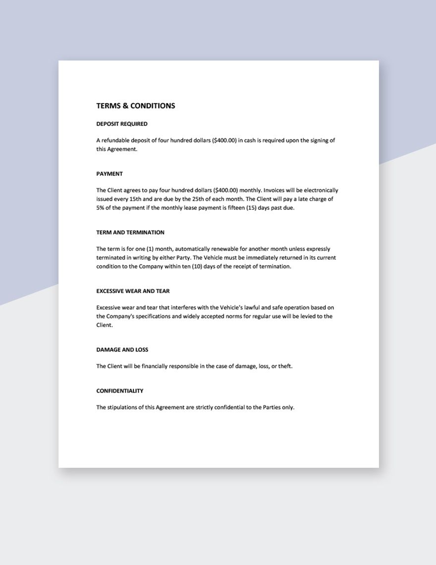 Generic Vehicle Lease Agreement Template
