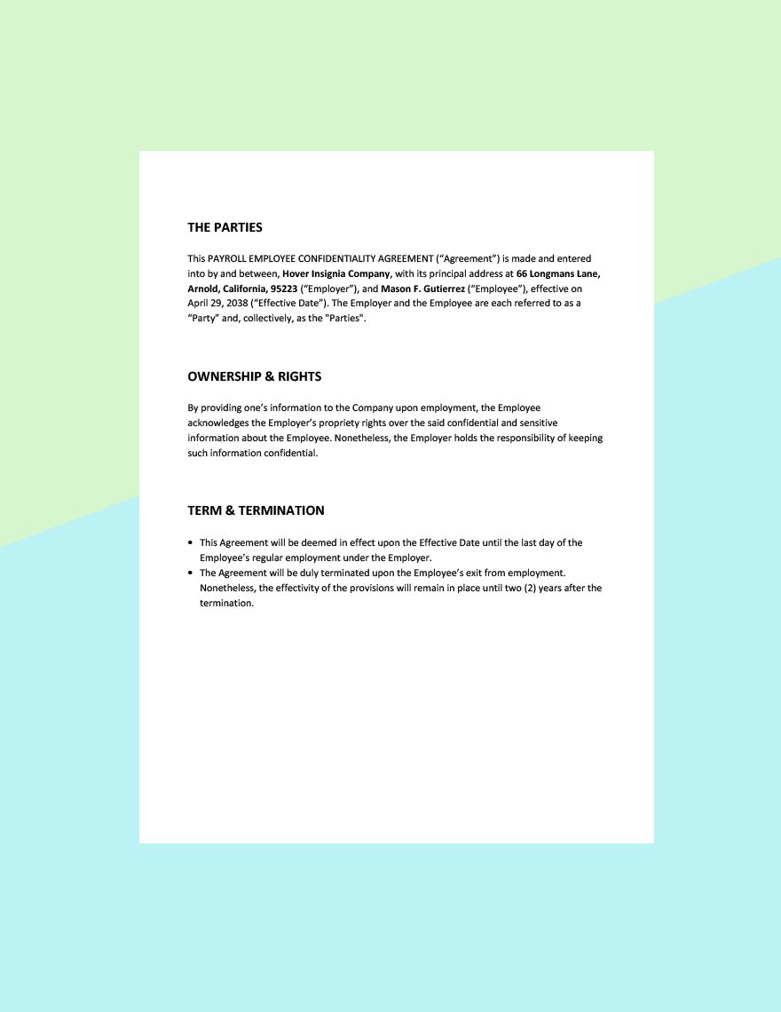 Payroll Employee Confidentiality Agreement Template