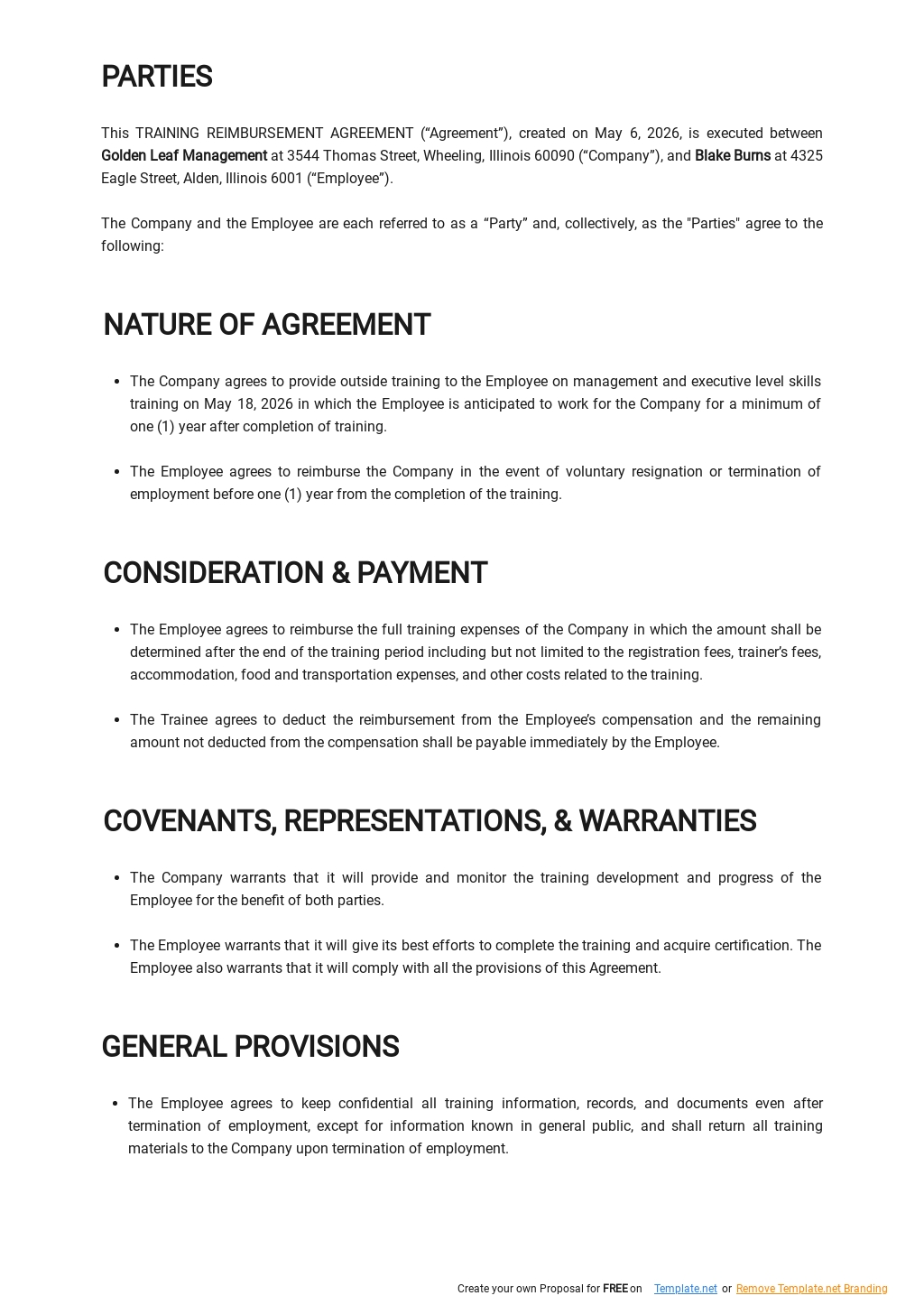 Training Repayment Agreement Template