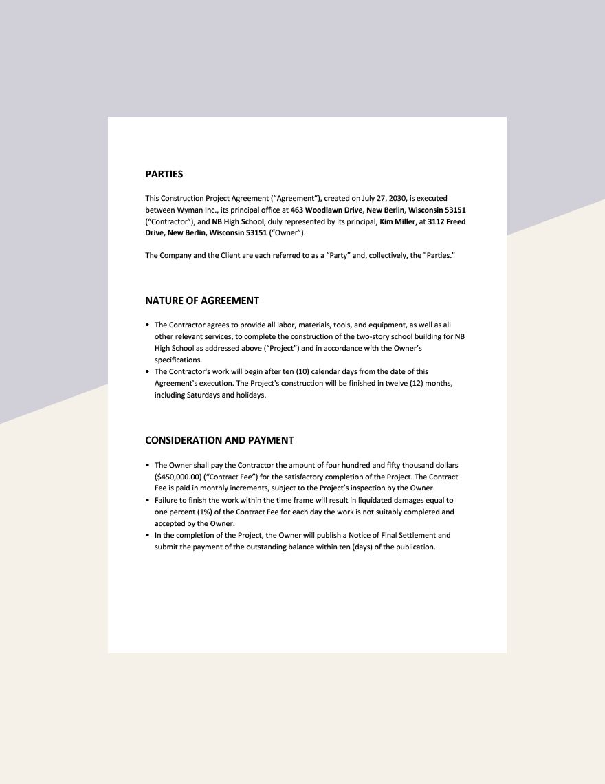 Construction Project Agreement Template - Google Docs, Word, Apple ...