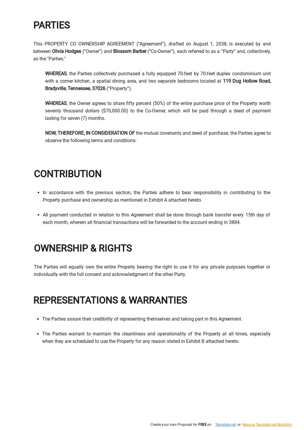 Property Co Ownership Agreement Template Free Printable Templates