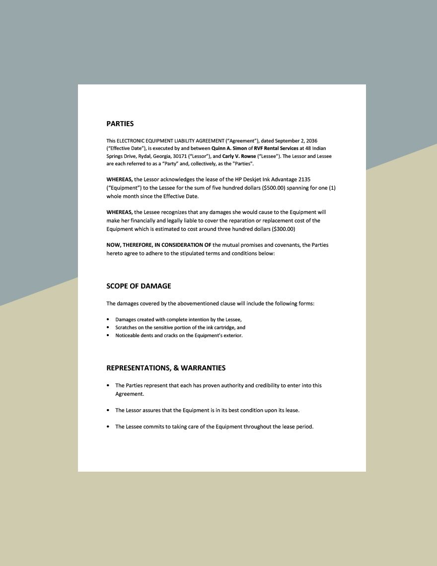 Electronic Equipment Liability Agreement Template