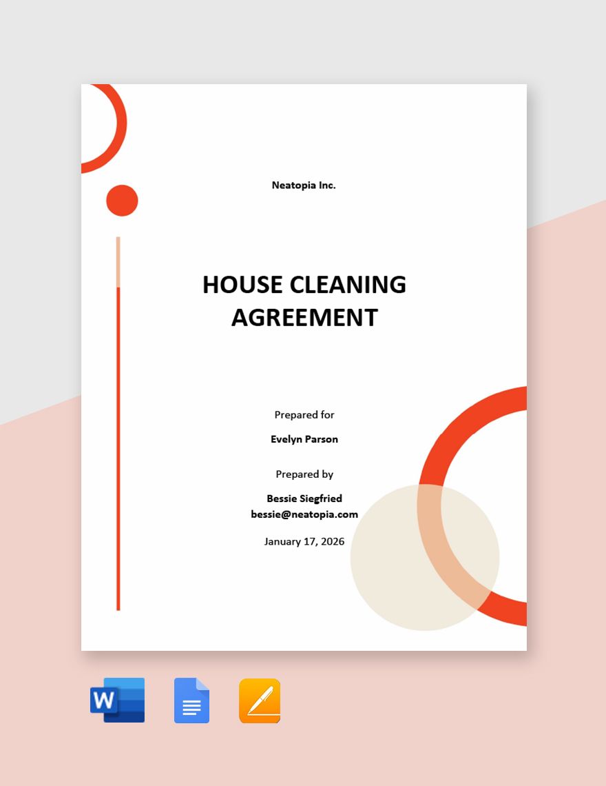 House Cleaning Agreement Template in Word, Google Docs, Apple Pages
