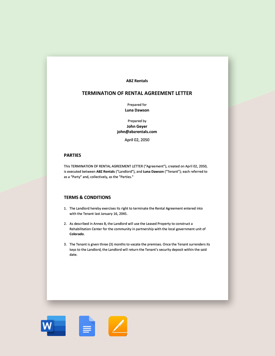 Sample Termination Of Rental Agreement Letter By Landlord Template
