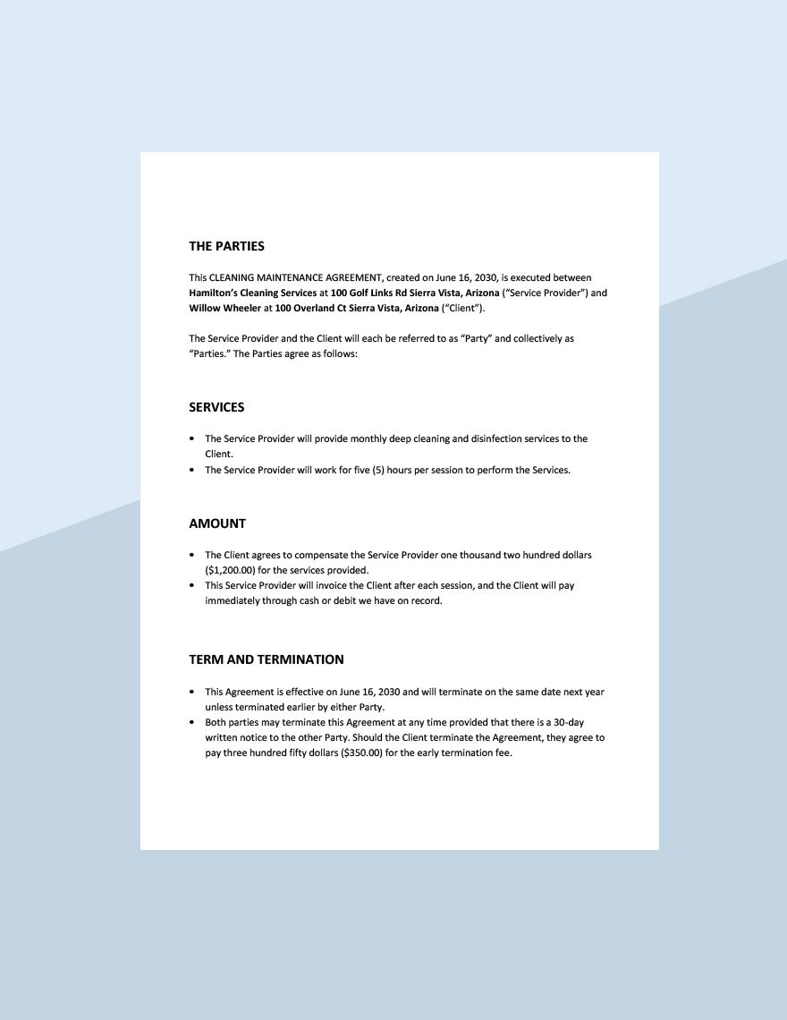 Cleaning Maintenance Agreement Template