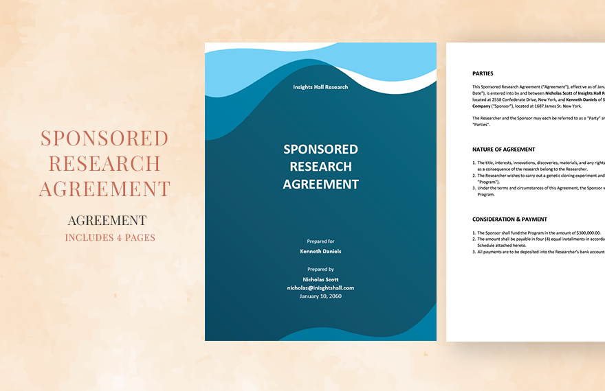 Sponsored Research Agreement Template  in Word, Google Docs, Apple Pages