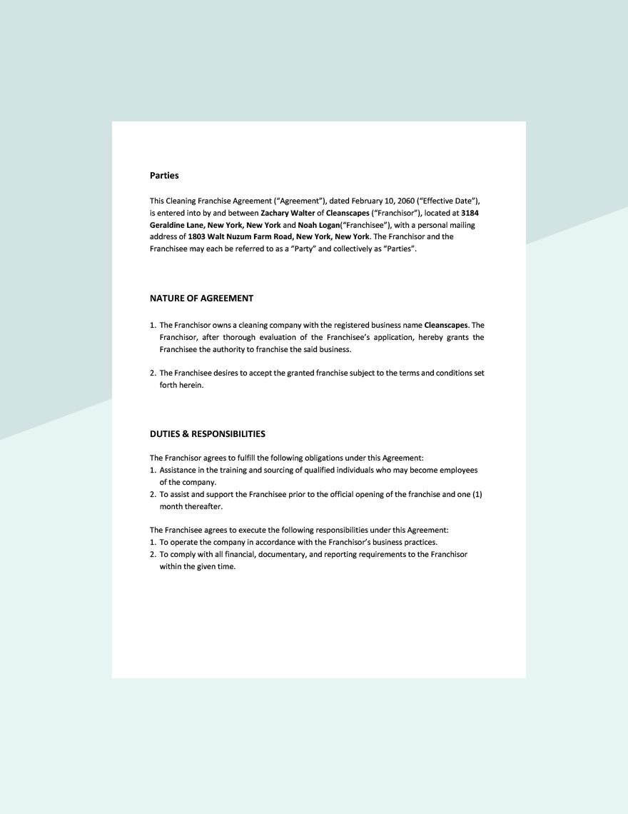 Cleaning Franchise Agreement Template 