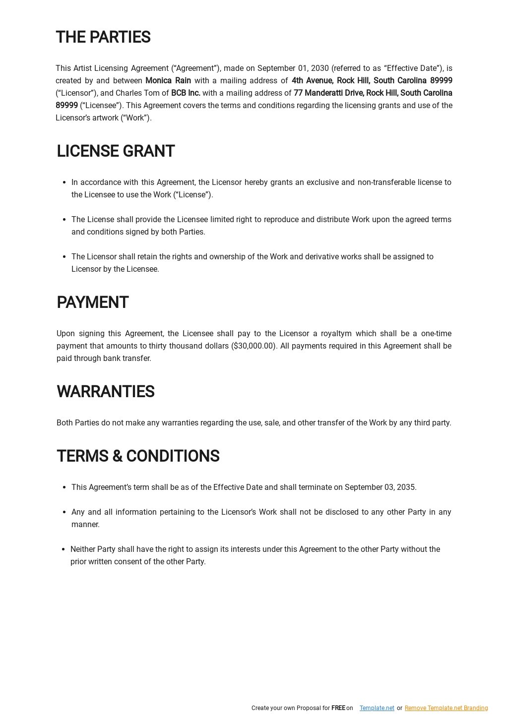 Artist Licensing Agreement Template Google Docs Word Apple Pages