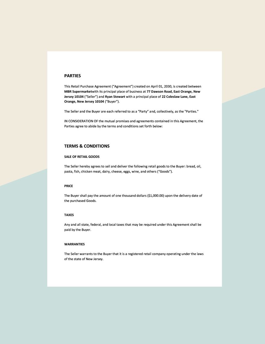 Retail Purchase Agreement Template