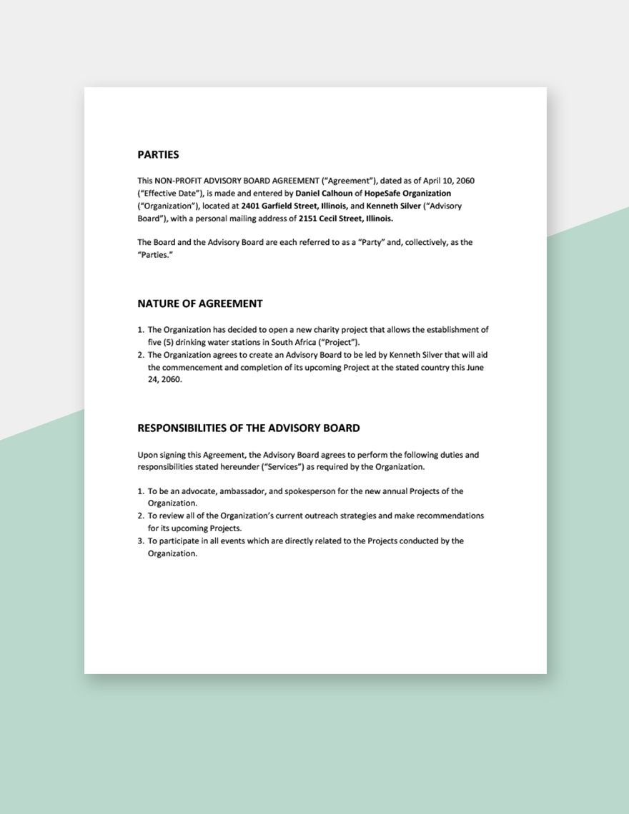 Non Profit Advisory Board Agreement Template in Word Google Docs