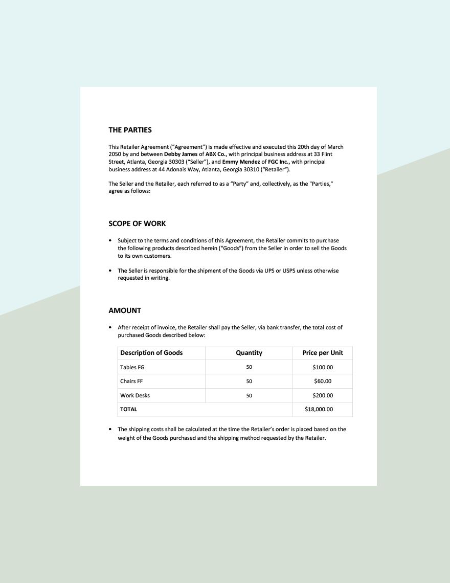 Retailer Agreement Template in Word Google Docs Pages Download