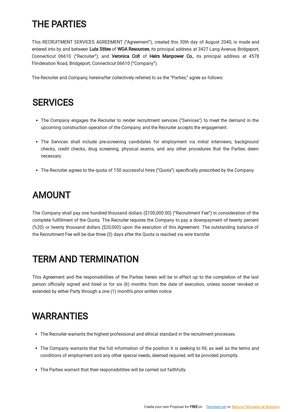 Recruitment Services Agreement Template Google Docs, Word