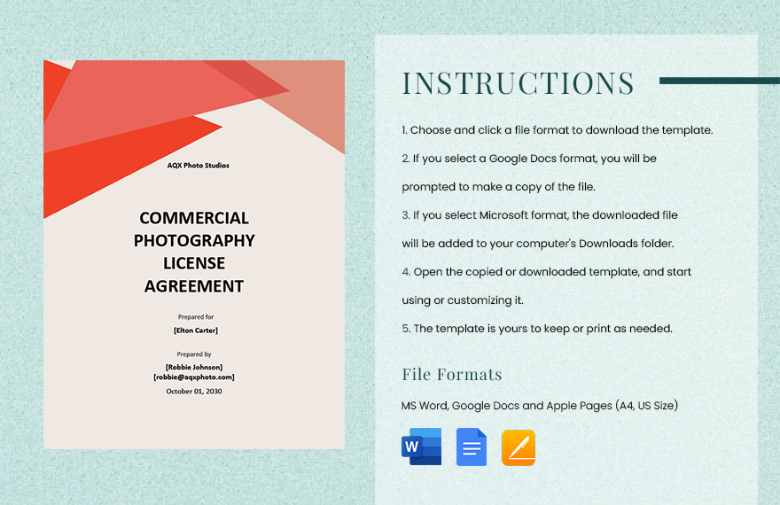 Commercial Photography License Agreement Template in Word Google Docs