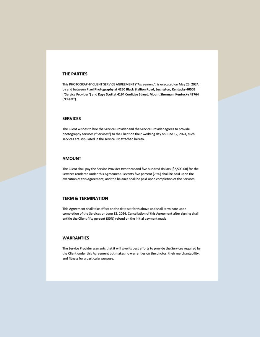 Photography Client Service Agreement Template