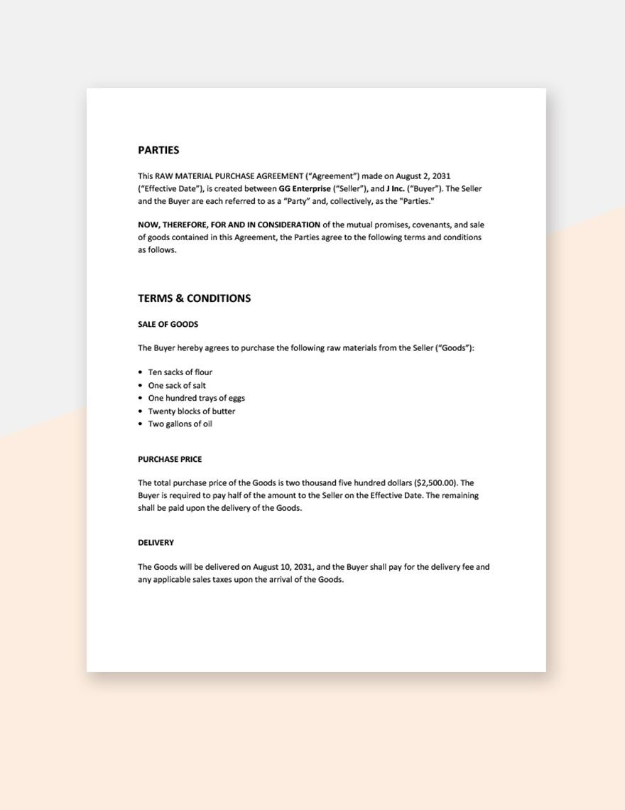 Raw Material Purchase Agreement Template
