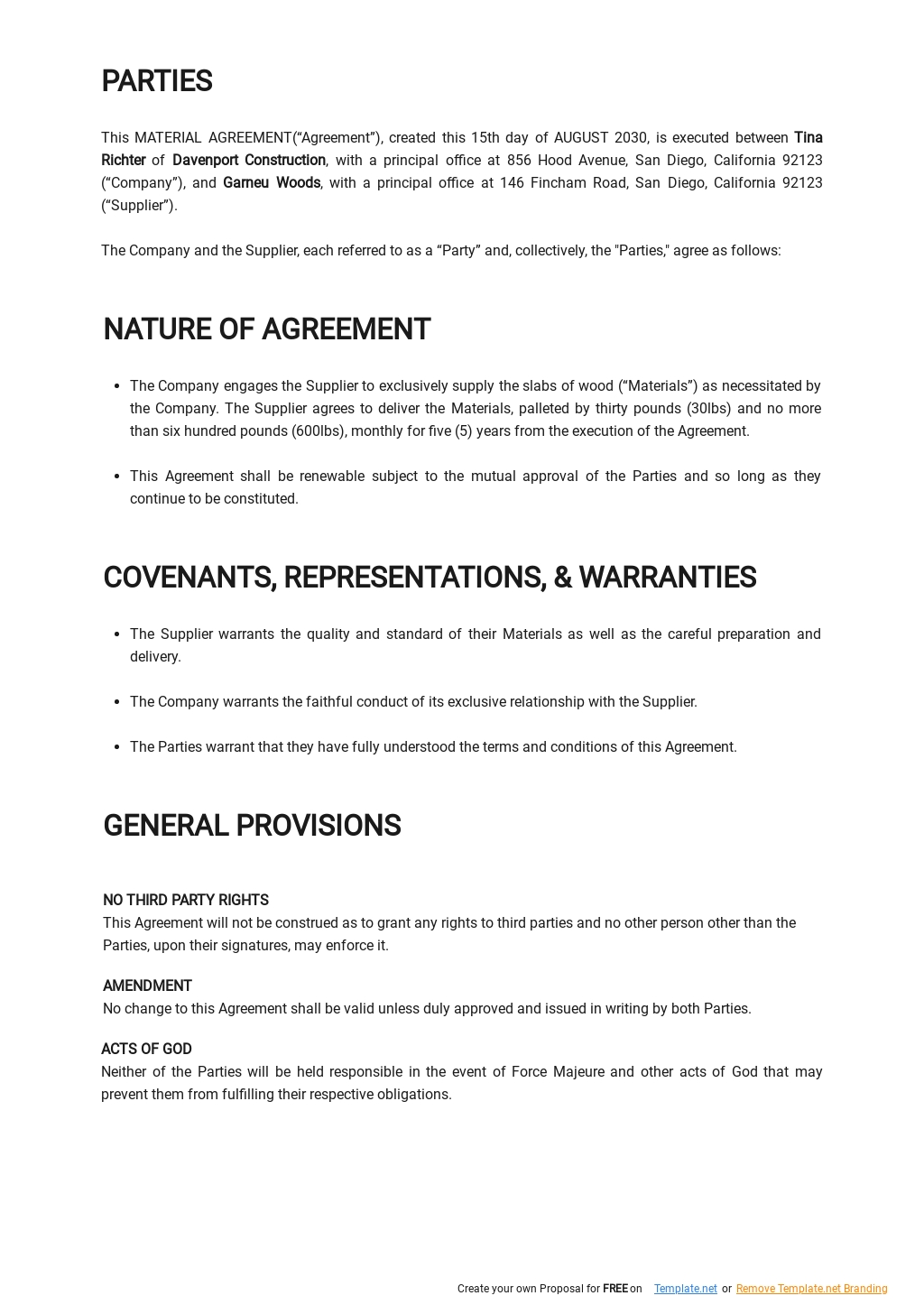 Sample Material Agreement Template in Google Docs, Word