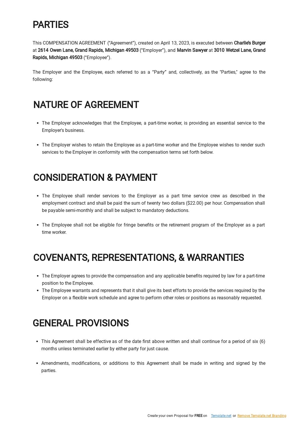 Basic Compensation Agreement Template Google Docs, Word, Apple Pages