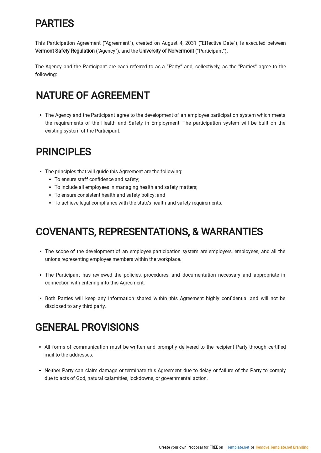 Free Employee Participation Agreement Template Google Docs Word