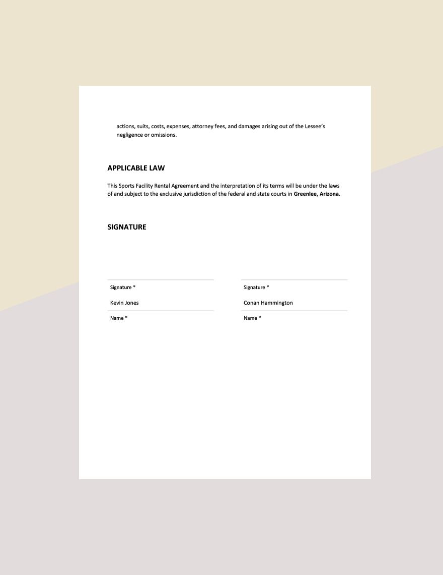 Sports Facility Rental Agreement Template