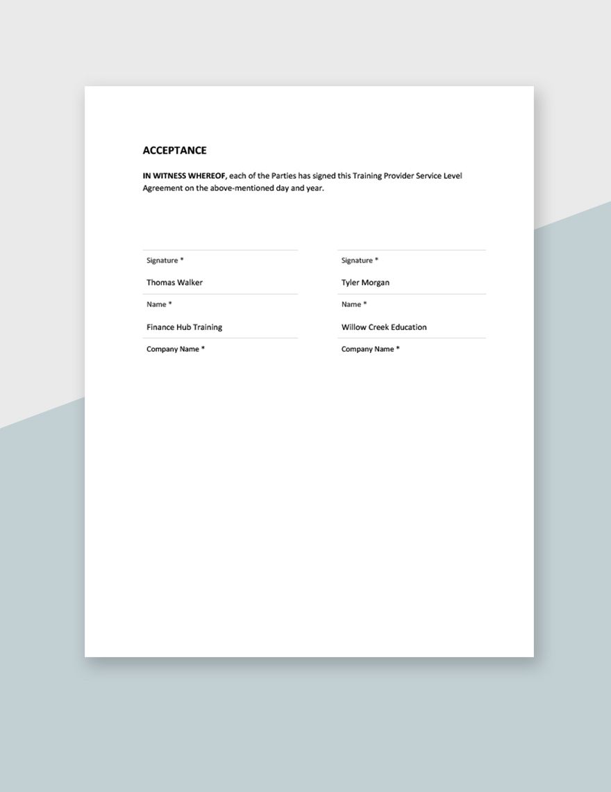 Training Provider Service Level Agreement Template 