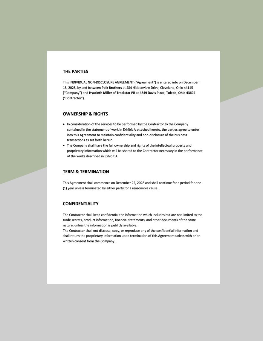 Individual Non Disclosure Agreement Template