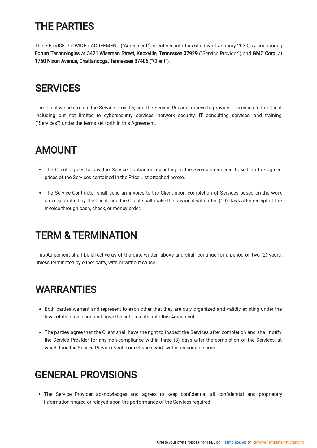 Managed Service Provider Contract Template