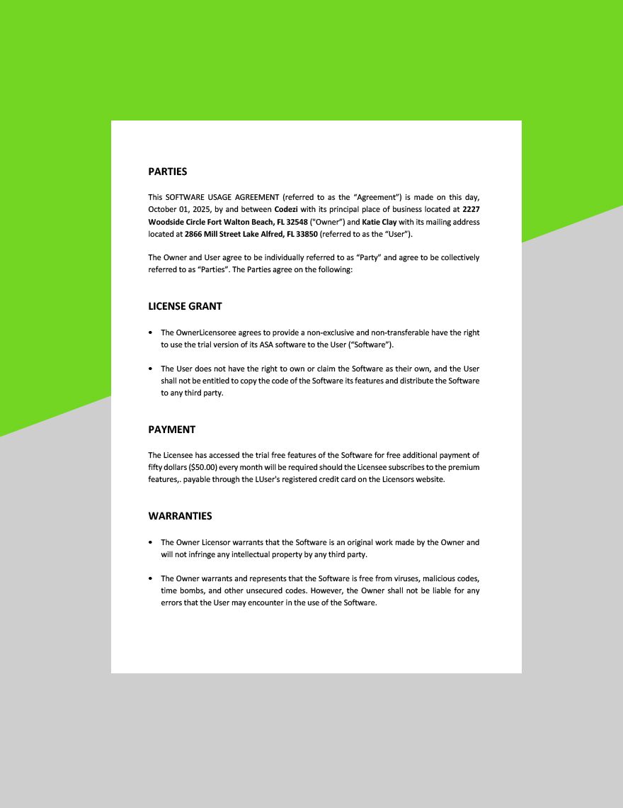 Software Usage Agreement Template