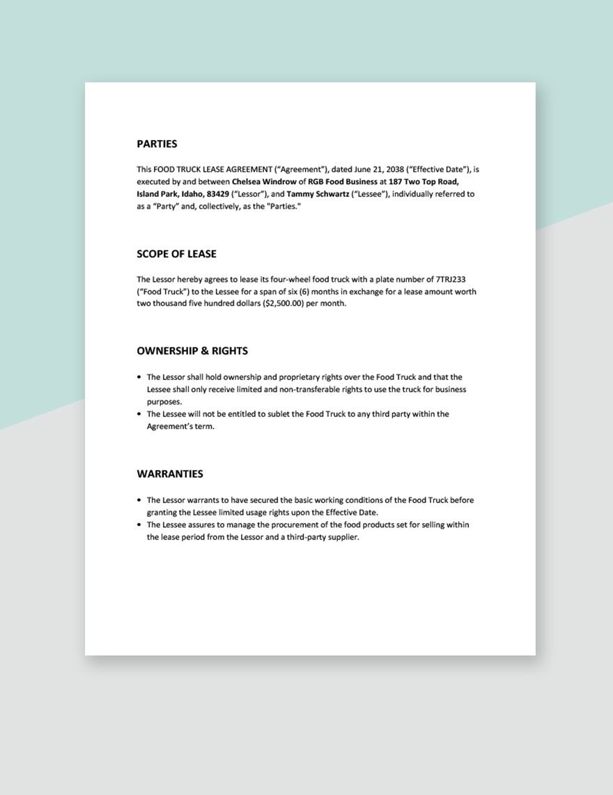 Food Truck Lease Agreement Template