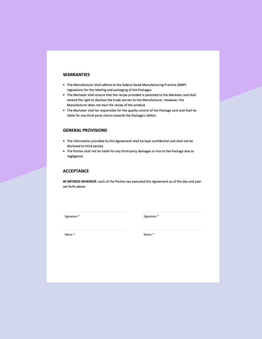 Food Co Packer Agreement Template