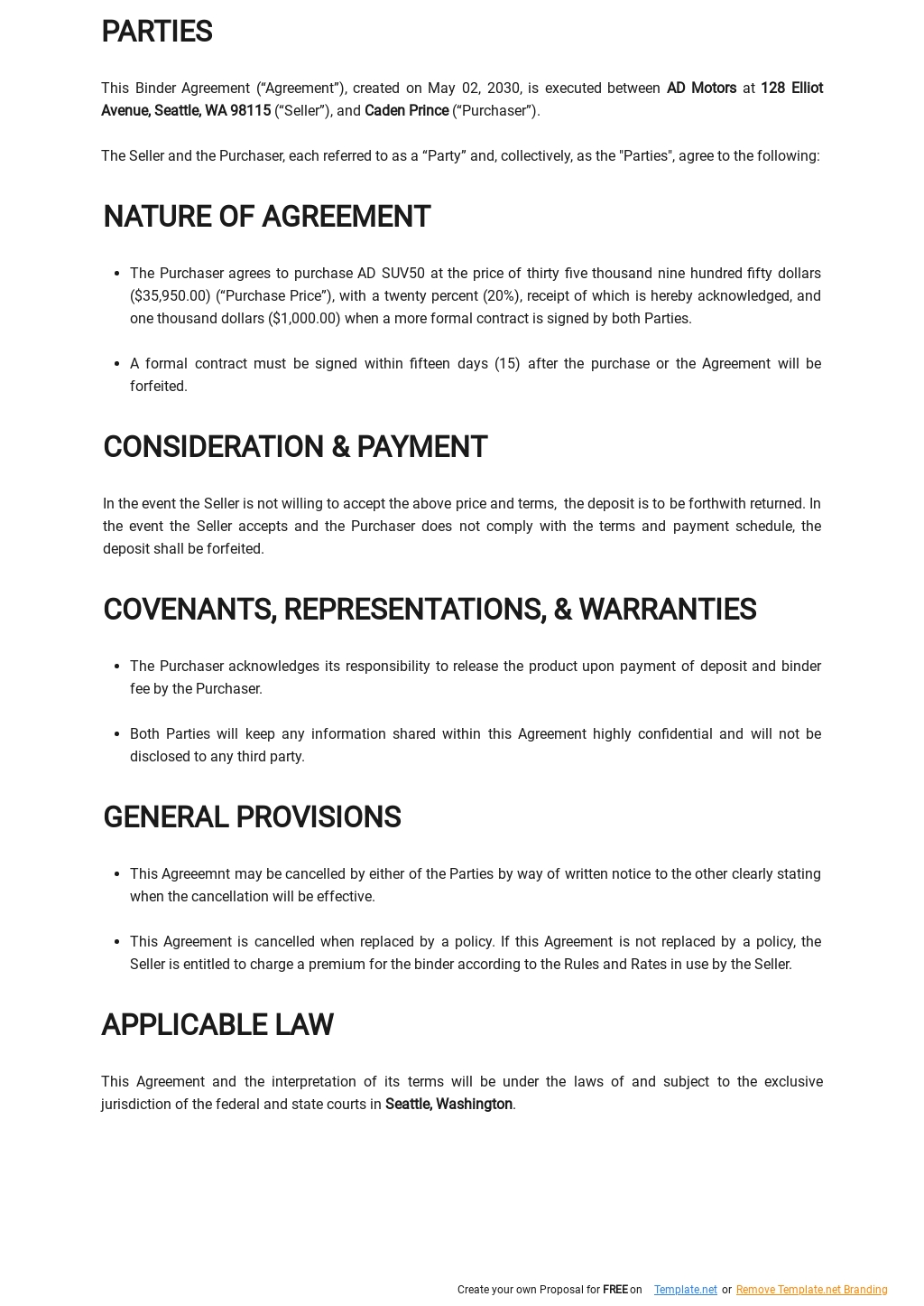 Binder Agreement Template Google Docs, Word, Apple Pages