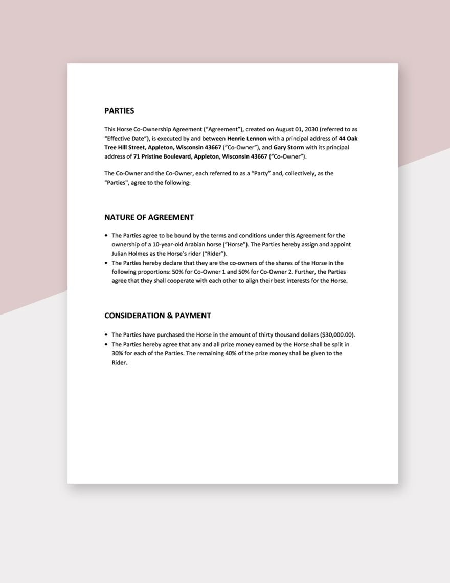Horse Co-Ownership Agreement Template