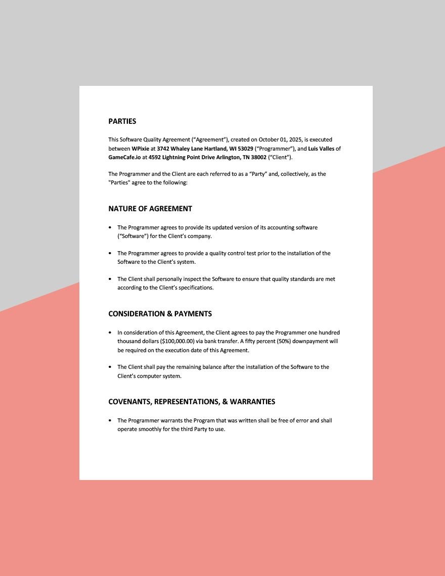 Software Quality Agreement Template