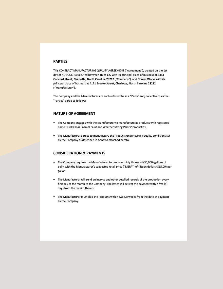 Contract Manufacturing Quality Agreement Template