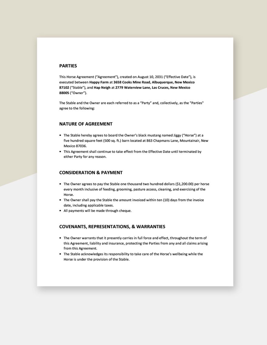 Simple Horse Boarding Agreement Template in Word Google Docs Pages